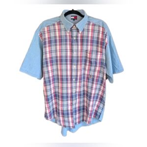 90s Tommy Hilfiger Short Sleeve Button Down Shirt L Chambray Plaid Colorblock